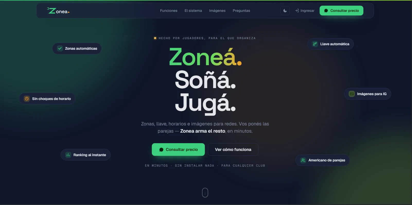 Landing de Zonea: zonas, llaves, horarios e imágenes para redes